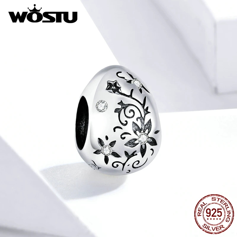 WOSTU Vintage Retro Flower Bead 100% 925 Sterling Silver Easter Egg Charm Fit Original Bracelet Pendant Fashion Jewelry FIC1466 | Украшения
