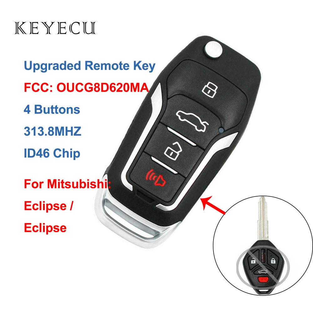 Keyecu Обновлен дистанционного брелока 4 кнопки 313,8 МГц ID46 для Mitsubishi Eclipse Galant 2007 2008 2009 2010 2011 2012, OUCG8D620MA