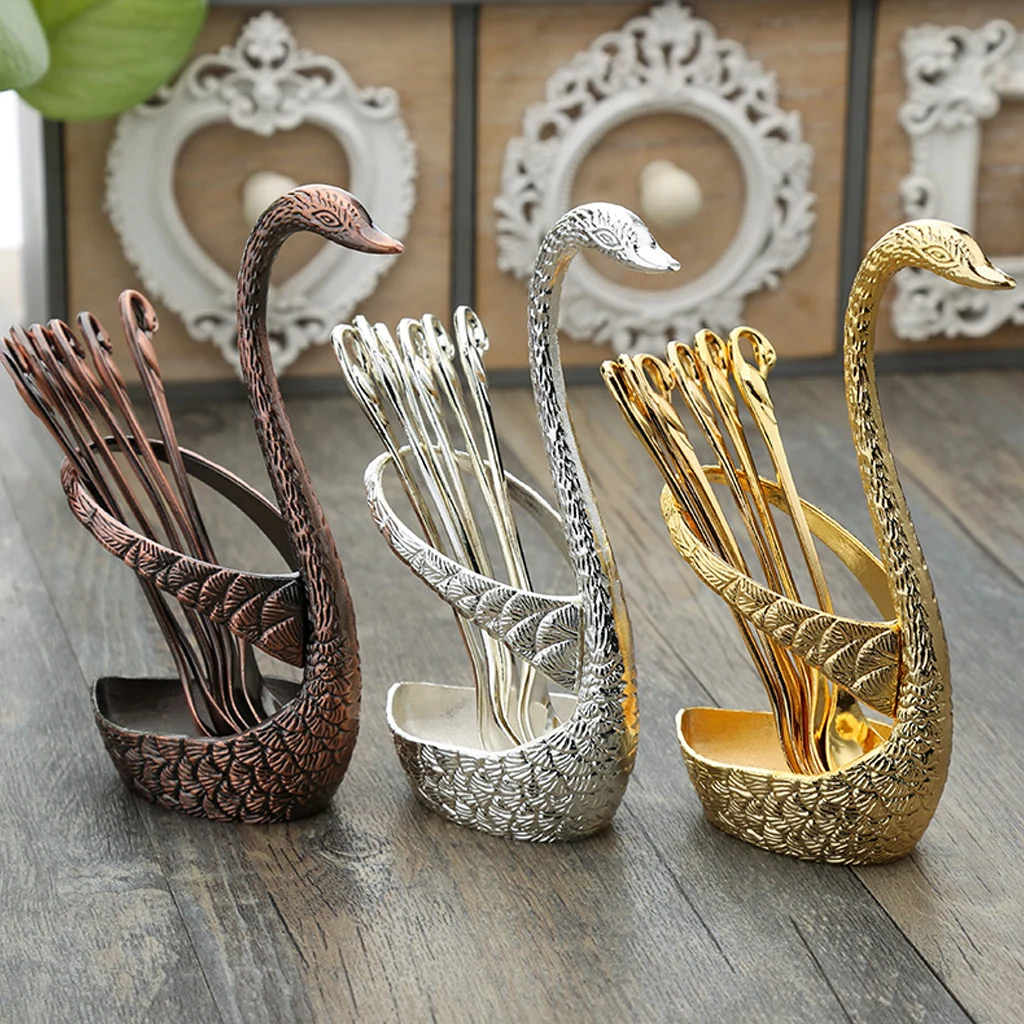 

7Pcs Swan Stainless Steel Flatware Coffee Spoons Salad Dessert Forks Cake Tool Dinnerware Kitchen Tableware Set With Swan Holder