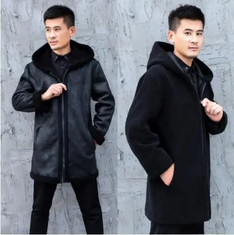 Новинка S/6Xl Мужская зимняя теплая Двусторонняя одежда куртки с капюшоном из искусственного меха кожаная верхняя одежда черная Осенняя поддельная меховая верхняя одежда K1208