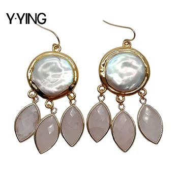 

Y·YING natural Cultured White Coin Pearl gold color plated Marquise Rose Quartzs Dangle Hook Earrings