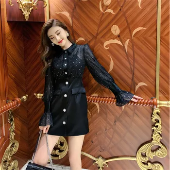 

Diamond Buttons Black Summer Dress Women Vintage Korean Flare Sleeve Mini Dress Mesh Patchwork Shirts Party Dress Plus Size A428