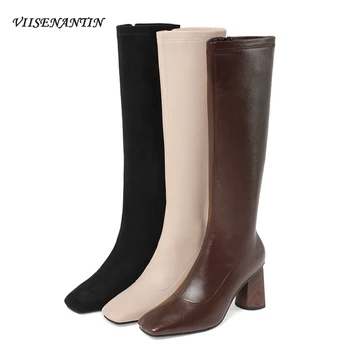 

Korean Version Square Toe Elastic Boots Women High-heeled Skinny Boots Side Zipper Wood Grain Thick Heel High-knee-length Boots