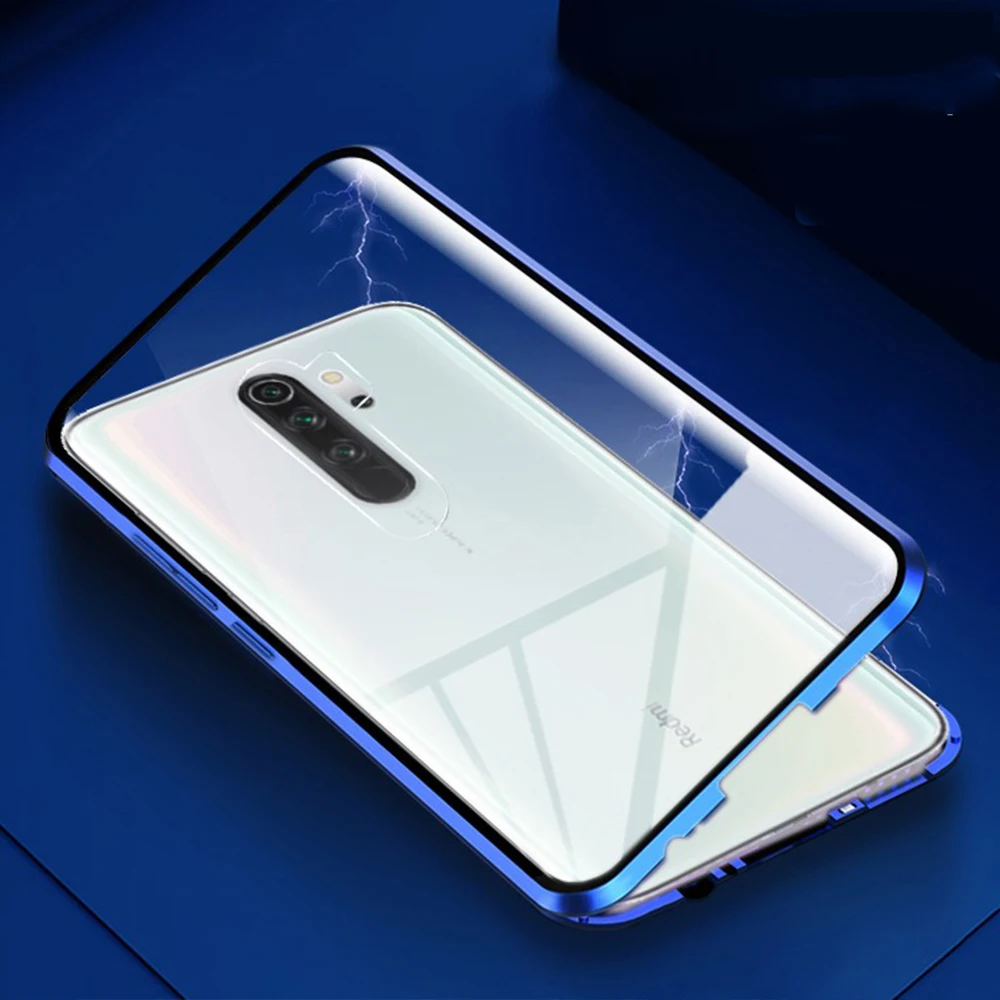Для Xiaomi Redmi Note 8 Pro Чехол с двойным закаленным стеклом чехол 360 полная защита чехол для телефона для Redmi Note 8 бампер магнитный зажим - Цвет: Синий