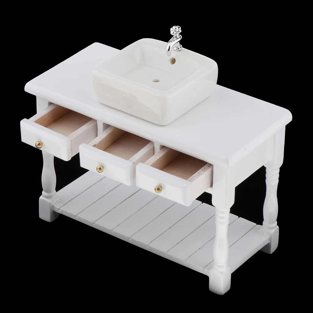 1:12 Mini Ceramic Wash Basin & Cabinet for Dollhouse Scenery Model Accessory