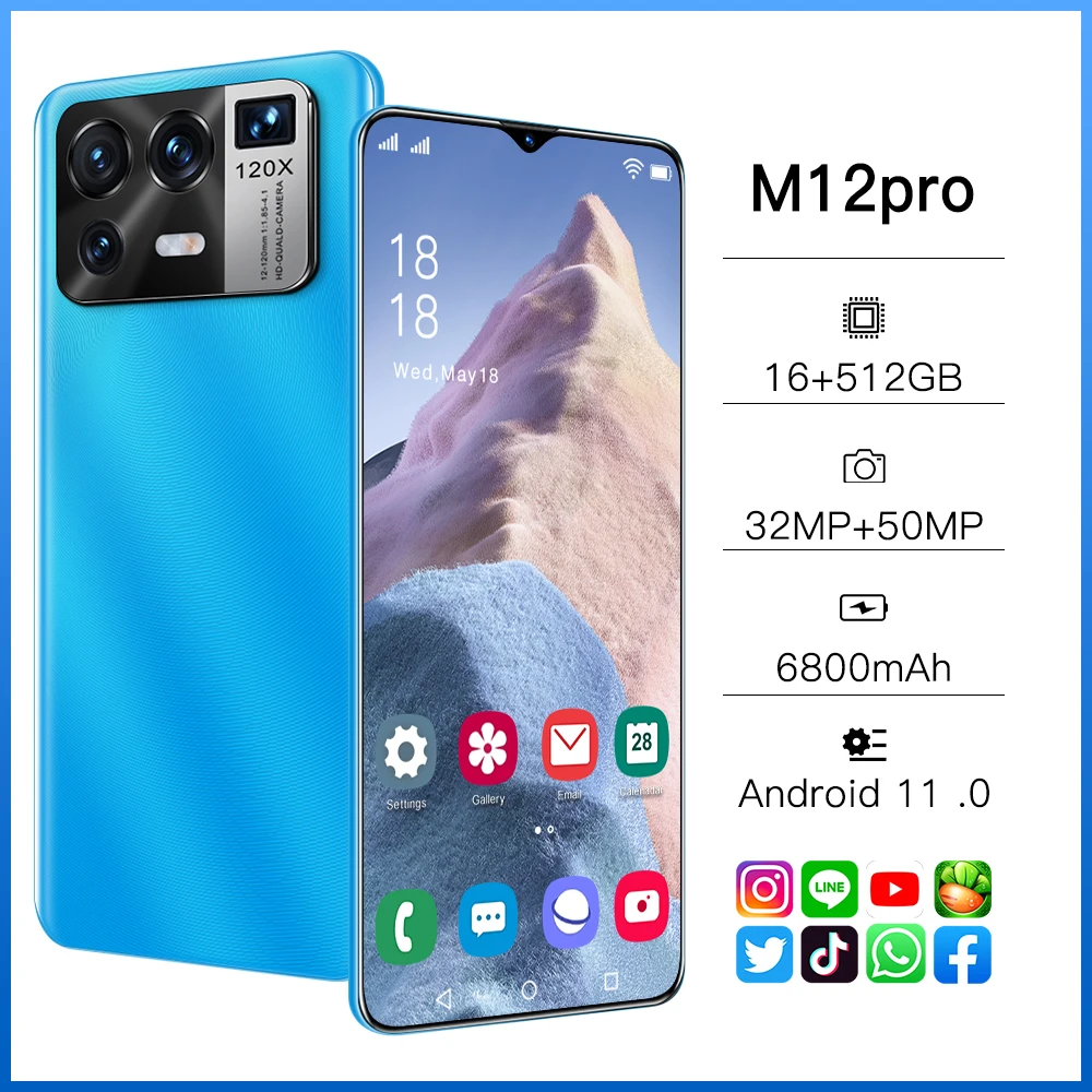 Newest M12Pro Android11 Mobile Phone 6.7Inch Global 5G LET 16GB+512GB MTK-6889 Smartphones 32MP+50MP 10-Core Dual SIM Cellphones