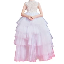 Новые маленькие девочки принцесса тюль Высокая шея свадебное платье без рукавов кружева вышивка цветок платье для девочек