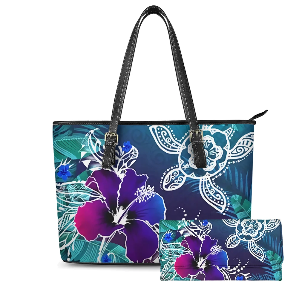 NOISYDESIGNS Hawaii Hibiscus Turtle Polynesian Prints Handbag For Women 2Pcs Shoulder Bag With Purse Plus Size Leather Tote | Багаж и