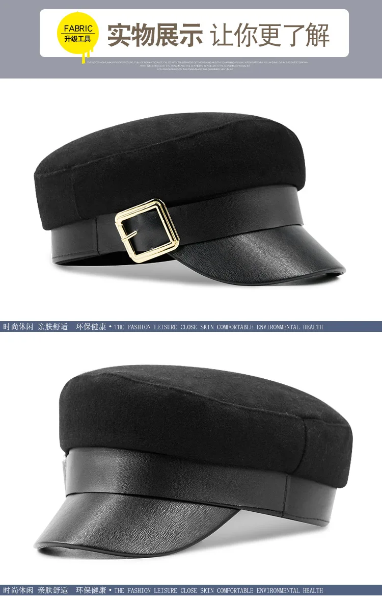 YOYOCORN Buckle Autumn Winter Fashion Wool Pu Leather Patchwork Newsboy Caps With Belt Female Gorras Women Black Military Hats