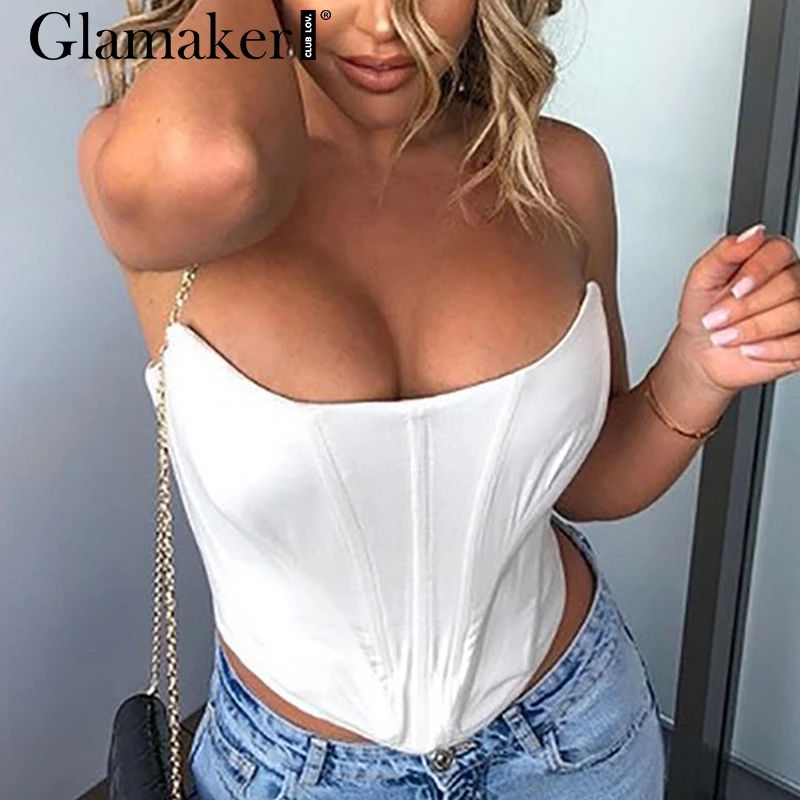 Glamaker/белый винтажный сексуальный укороченный топ без рукавов, облегающий топ на бретелях, осенне-зимние женские вечерние Клубные топы на бретелях