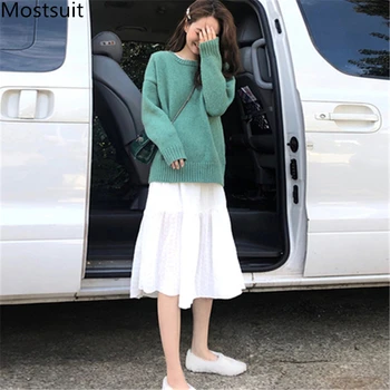 

2019 Autumn Winter 2 Piece Sets Outfits Women Green Sweater Pullovers And White Dress Suits Fashion Casual Korean Loose Sets