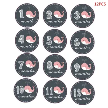 

1-12 Month Newborn Round Monthly Stickers Cartoon Whale Pattern Digital Printing Sticker Shoot Props Accessories