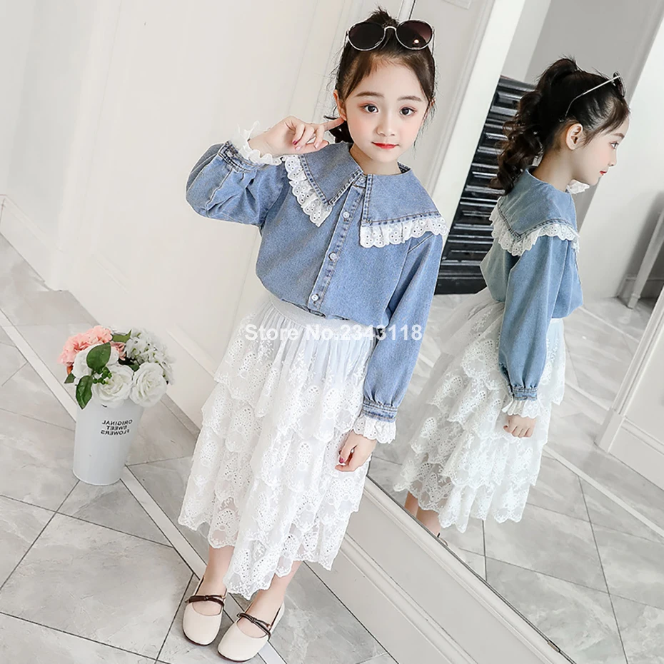 

2019 Clothing Set For Girls Denim Girls Suit Lace Children's Clothes Set 6 8 12 Years Blouse+mesh Skirt 2 Pcs Teen Girls Clothes