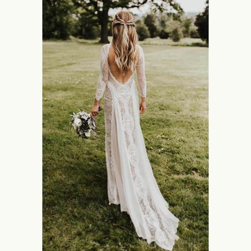 

Charming Summer Boho Lace Long Sleeve Bridal Wedding Dresses Bateau Neck Wedding Gowns for Bride Open Back Sweep Train On Sale