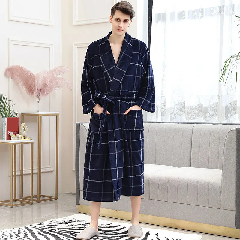 blue and white male Парные клетчатые халаты, комплекты зимней одежды для влюбленных, Толстая теплая фланелевая Домашняя одежда, модная ночная рубашка, набор для мужчин и женщин, одежда для сна, Пижамный костюм - Цвет: blue and white male