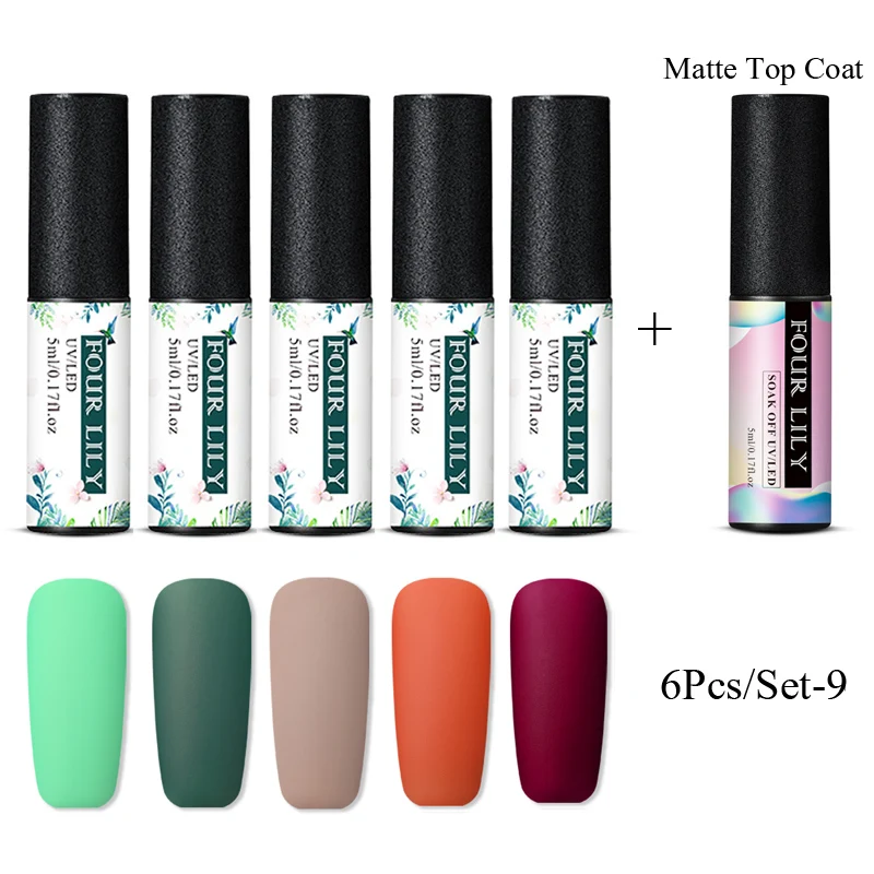 Четыре лилии 6 шт. набор гель-лаков для ногтей матовый УФ Гель-лак набор для ногтей УФ-гель Матовый верхний слой набор для дизайна ногтей лак маникюрный лак