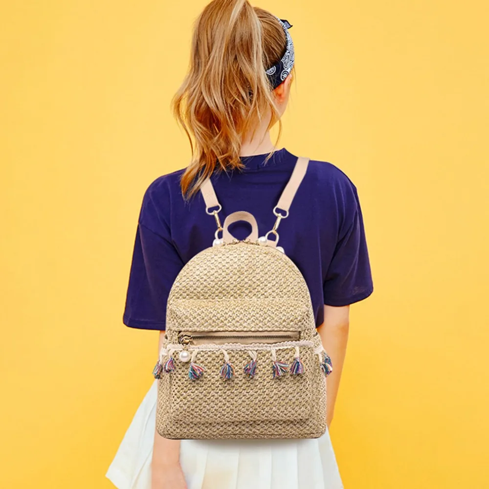 Straw Woven Bag Small Travel Backpacks Women Stripe Print Shoulder School Bags Casual Knitting Knapsack Rucksack Mochila Mujer