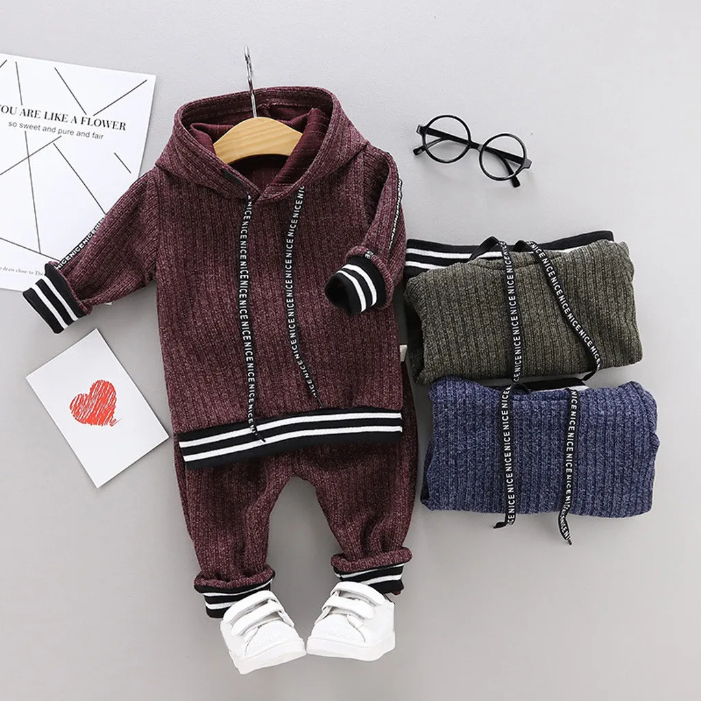 

Winter Children Clothes Toddler Kids Baby Boys Hooded Warm Knit Crochet Sweatshirt Solid Long Pants Outfits Set infant clothing