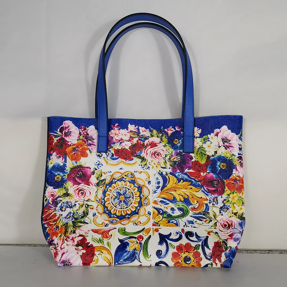 Итальянская элегантная женская сумка, синяя и белая фарфоровая сумка на плечо, очень большая сумка-тоут, роскошная Брендовая женская пляжная сумка