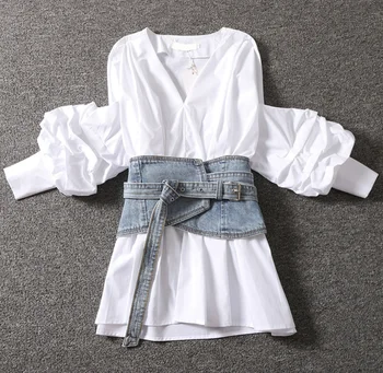 

2020 autumn Fashion Lantern Sleeve shirt women V-Neck ol Top Work Office pleated Lady blouse