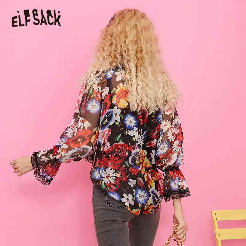 ELFSACK Цветочный принт контрастным шнурком Boho Шифоновая блузка рубашка женская одежда осень для отдыха с длинными рукавами блузки для девушек