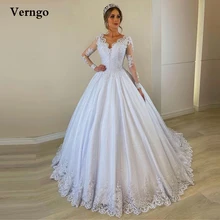 

Verngo 2021 Glitter A Line 2 In 1 Wedding Dresses Detachable Train Lace Applique Long Sleeves Tulle Bride Gown With Short Skirt