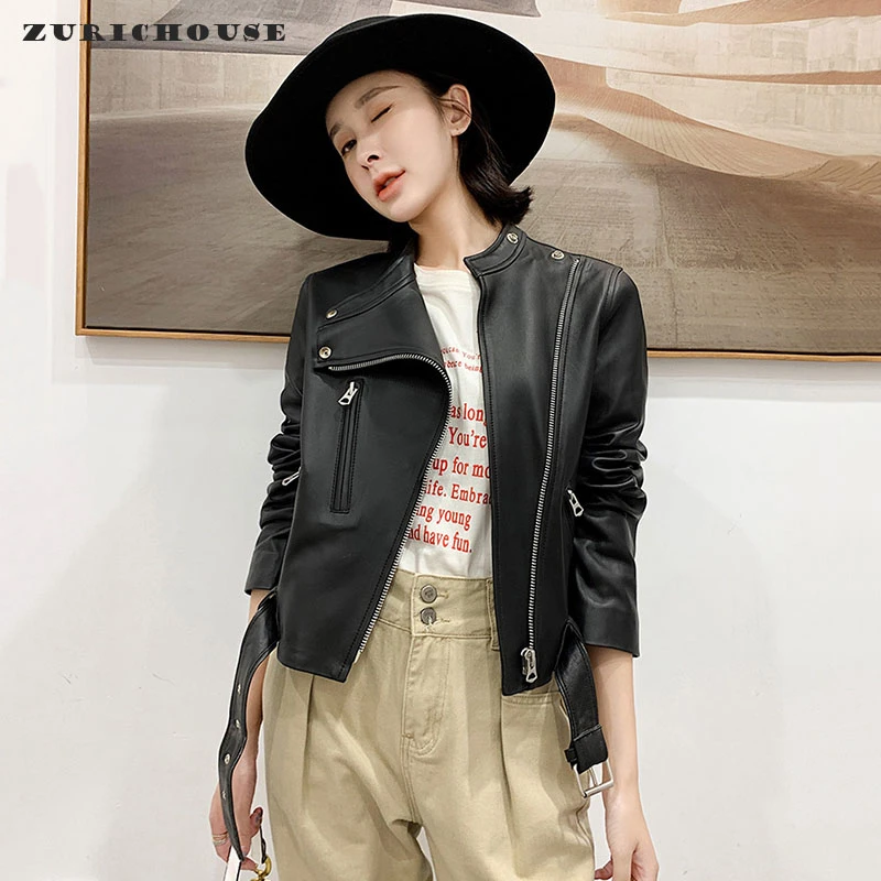

ZURICHOUSE Natural Sheepskin Coat For Women Short Fashion Stand Collar Slim Genuine Leather Moto Biker Zipper Jacket Women