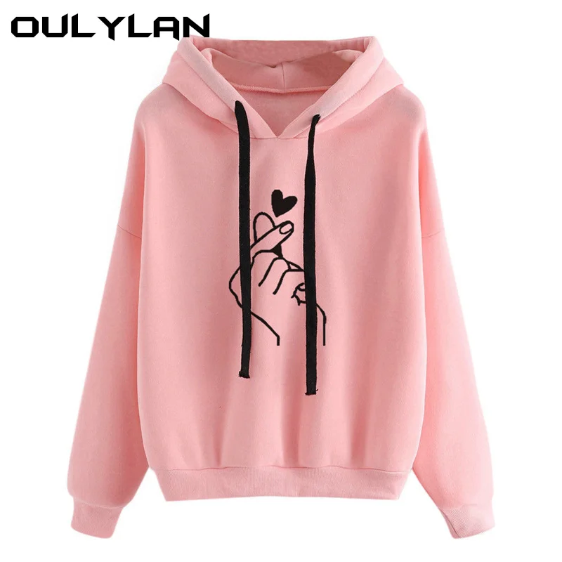 Oulylan Women Hoodies Casual Print Solid Loose Drawstring Sweatshirt Ladies Long Sleeve Hooded Autumn Female Pullover