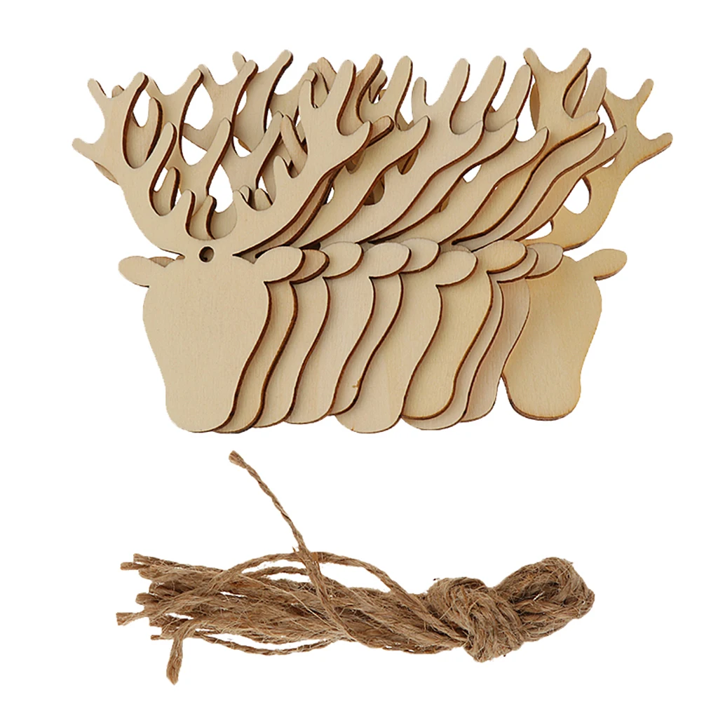 

10x Wooden Cutout Christmas Antler Xmas Tree Hanging Gift Tag Ornaments