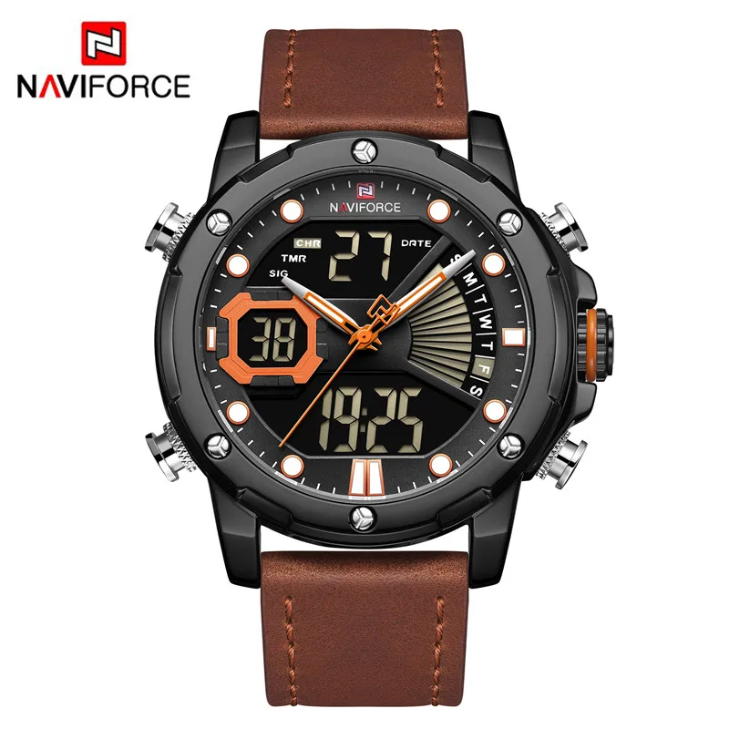 NAVIFORCE, мужские часы, цифровые, спортивные, Лидирующий бренд, Роскошные, мужские наручные часы, Военный стиль, натуральная кожа, светодиодный, кварцевые, модные мужские часы, 9172 - Цвет: NA917205 without box