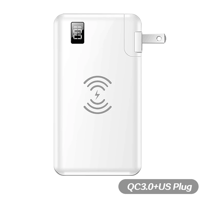 QC3.0 US Plug White 10000 мАч, Дополнительный внешний аккумулятор, беспроводное зарядное устройство QC3.0, быстрое зарядное устройство для Iphone, планшетов, huawei, 3 в 1, 18650, внешний аккумулятор, Тип C, USB, PD, Chagrer - Цвет: QC3.0 US Plug White