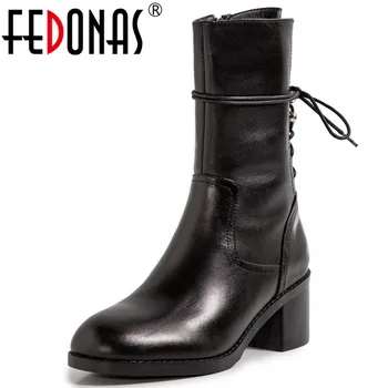 

FEDONAS Retro Women's Leather Winter Boots Female Cross Tied Genuine Leather Motorcycle Boots Working Office Lady Shoes Woman