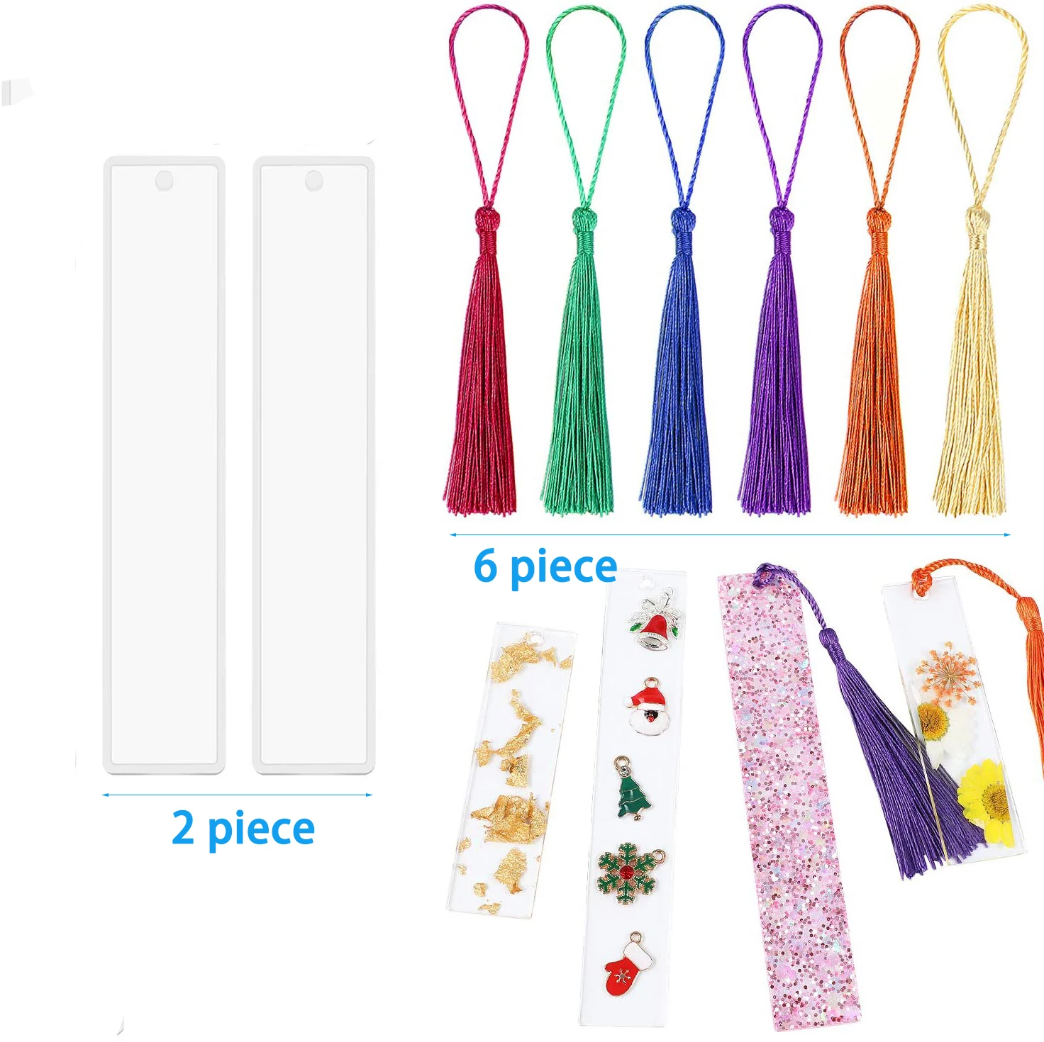 2 uds rectángulo marcador Molde de resina de silicona bricolaje joyería epoxi DIY molde con 6 uds diferentes borlas de Color