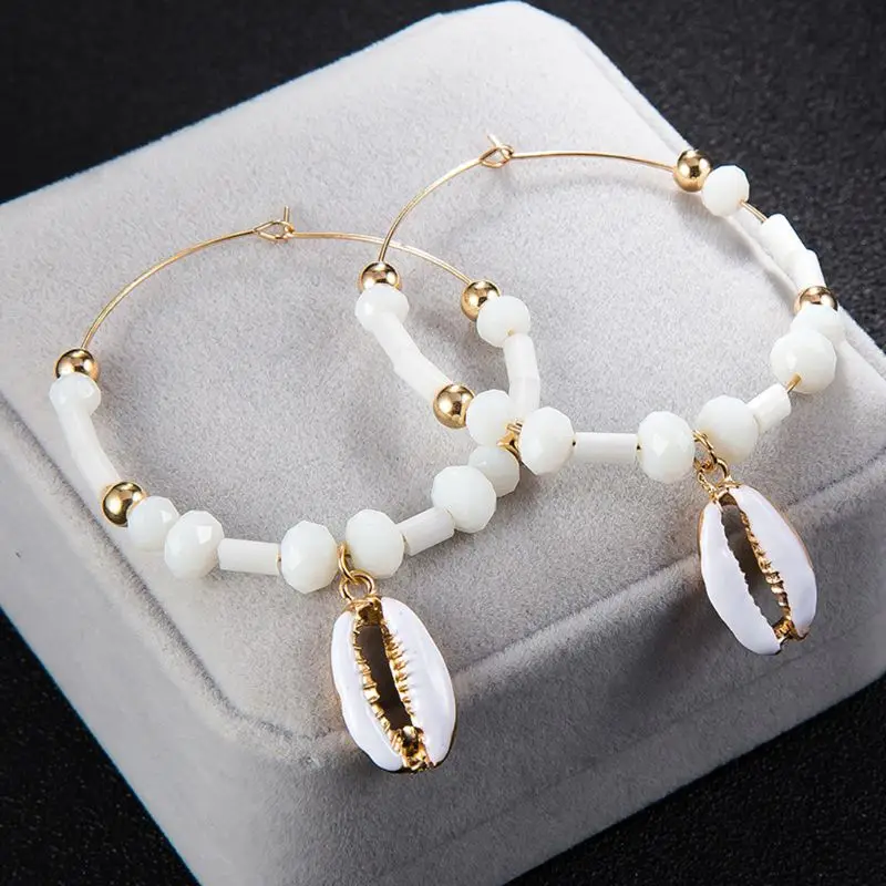 

Boho Elegant Shell Pearl Beaded Dangle Drop Hoop Earrings Beach Fashion Jewelry Y4QB