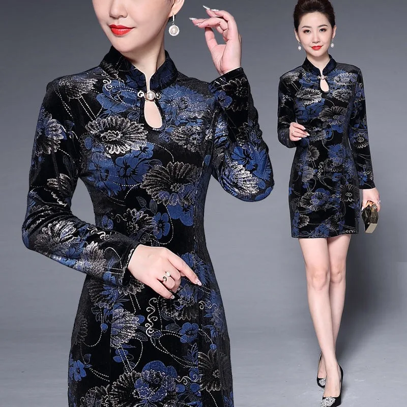 

2019 New Vintage Womens Mandarin Collar Hot Stamping Printed Floral Velour Cheongsam Dress , Slim 5xl Velvet Dresses for Women