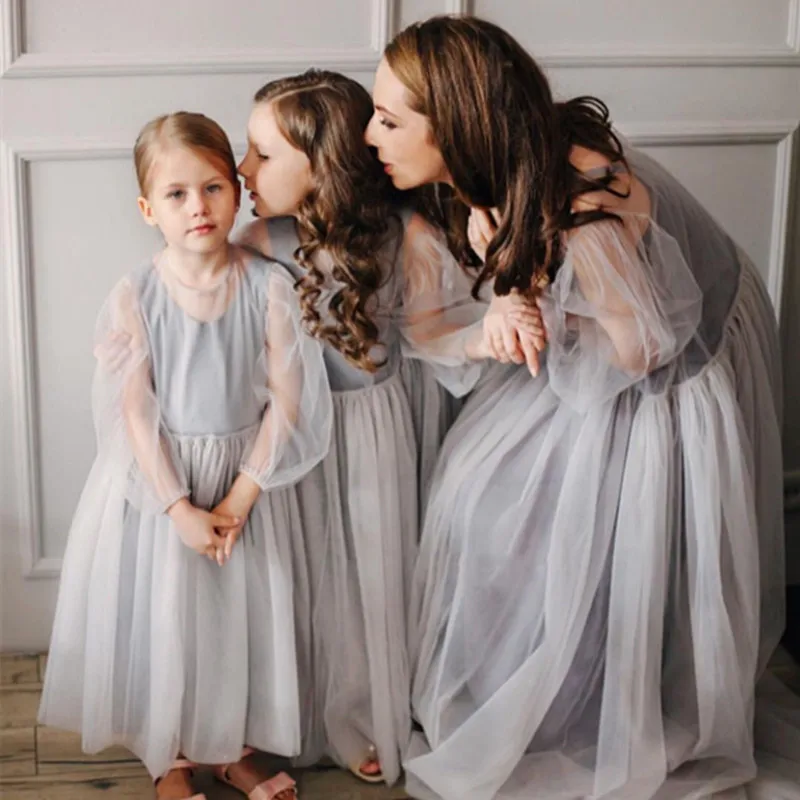 

2023 Gauze Dress for Kids Girl Baby Girls Puff Sleeves Grey Long Pleated Ball Gowns Children Elegant Loose Cute Frocks Vestidos