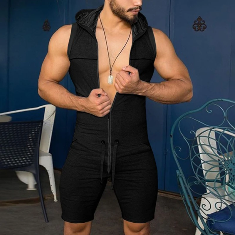 Men's Sleeveless Jumpsuit Bodysuit Zipper Hooded Rompers Shorts Home Wear Tracksuit Pajamas