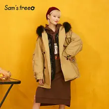 SAM'S TREE хаки однотонное приталенное теплое пуховое пальто с завязками для женщин зимняя прямая двубортная меховая женская парка верхняя одежда