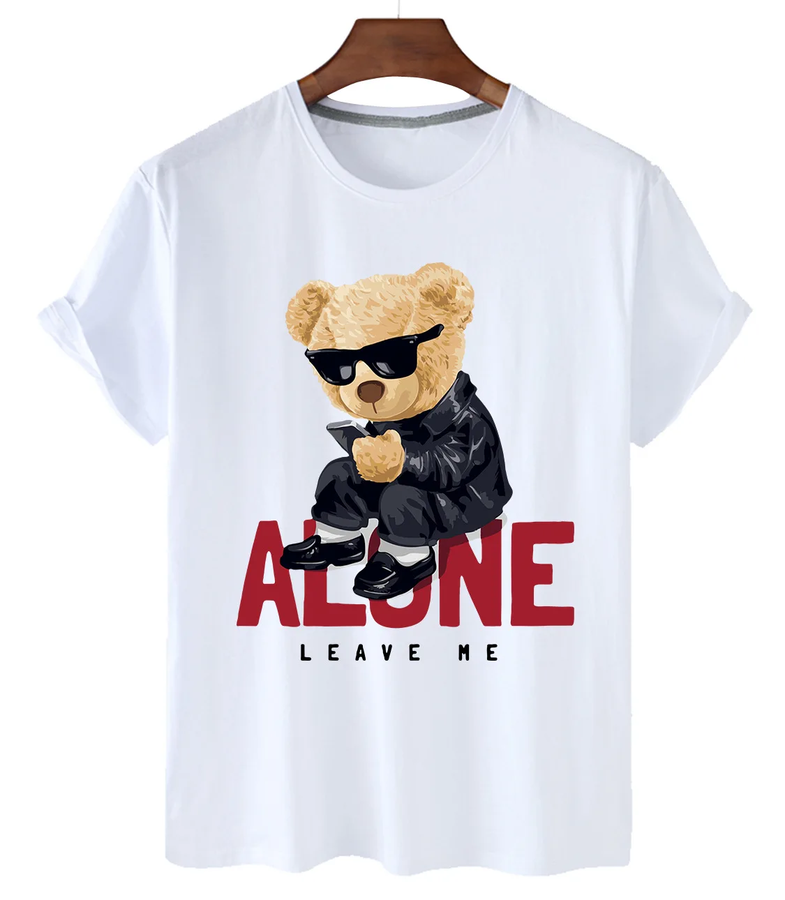 

Pure Cotton Alone Mobile Phone Sunglasses Bear Print Short-sleeved O-neck Loose Casual Top T-shirt Male Oversized T-shirt S-3XL