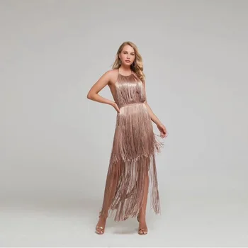 

2019 New Brown Fashion Tassel Sexy Backless Dresses Women Bandage Elegant Halter Summer Sleeveless O-Neck Party Long Dress