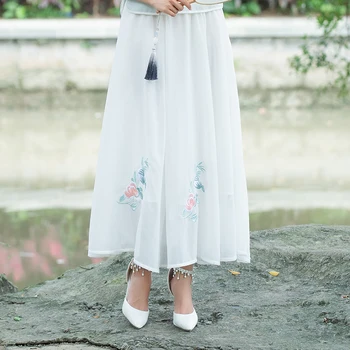 

KYQIAO long white skirts for women autumn ethnic design boho long white embroidery a-line skirt saias mulher