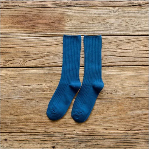 CHAOZHU Classic New Loose Socks Women 200 Needles Cotton Knitting Rib Solid Colors 14 Kinds of 4 Seasons Basic Daily Women Socks Blue