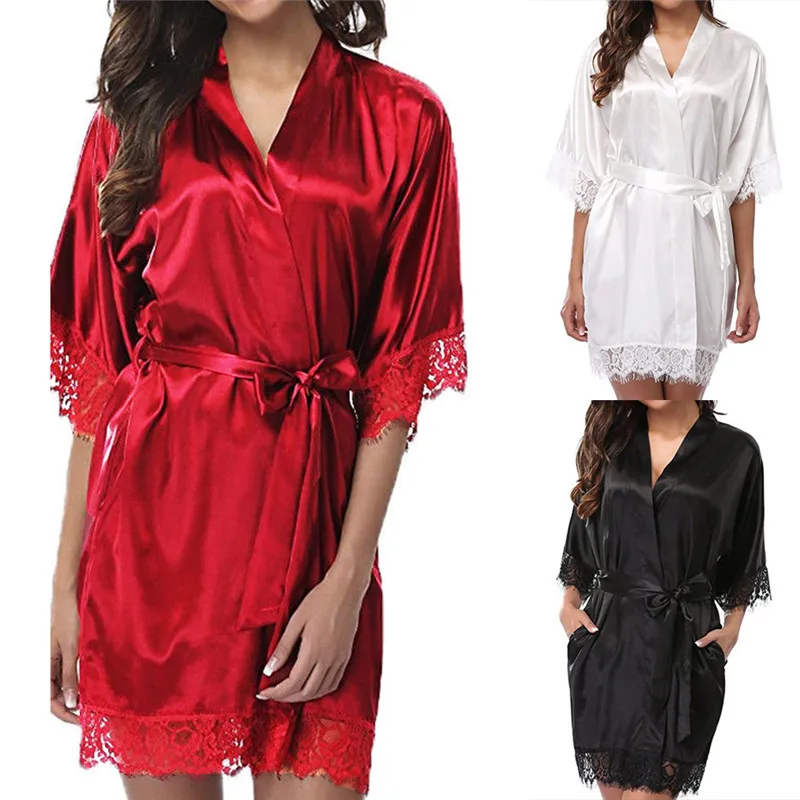 Women's Satin Silk Woman Lace Robe Female Lace Bathrobe Womens Robes Sleepwear Ladies Sexy Robe