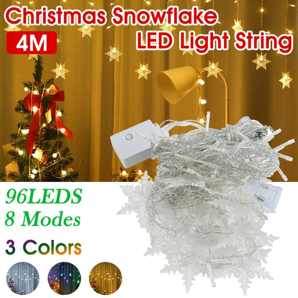 

Snowflakes LED Curtain Lights Plug-in 13ft. 96Pcs LEDs Fairy Lights Christmas Decorations Waterproof for Indoor and Outdoor