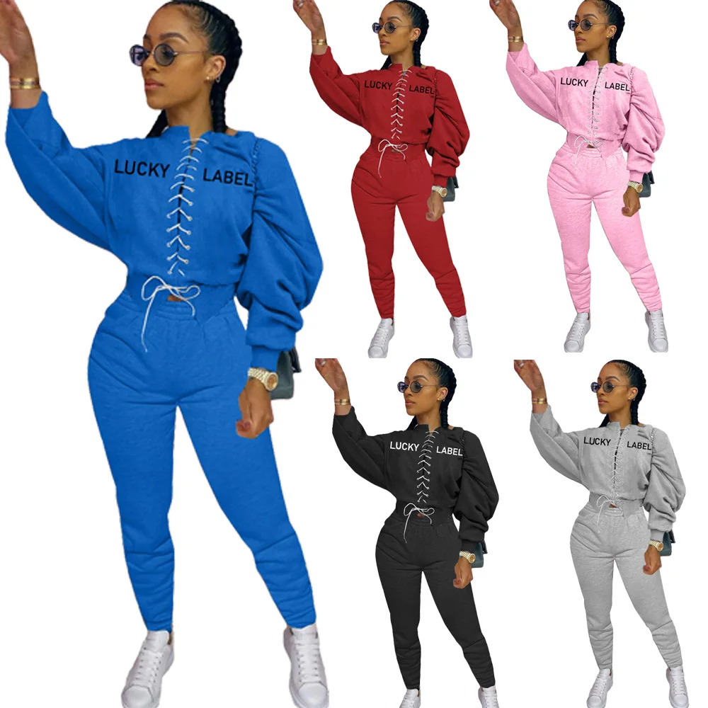 

Winter Women Lucky Label Sporty Warm Suit Casual Outfit Long Sleeve Solid Lace Embroidered Letters Two-piece Sets for Women