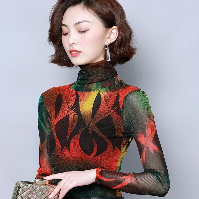 

Mom Long-sleeved Upper Garment 2019 Autumn And Winter Western Style Gauze Underwear High Collar plus Velvet Base Shirt Women's S