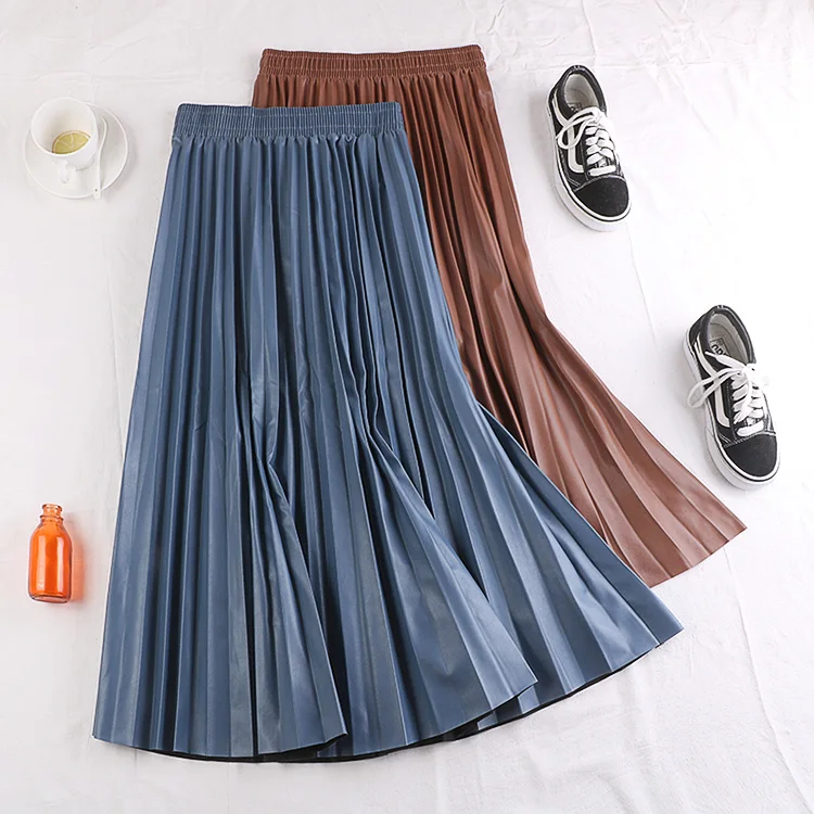Осенне-зимняя эластичная плиссированная юбка миди с высокой талией трапециевидной формы из искусственной кожи для женщин, синие, черные, хаки женские юбки saias
