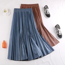 Осенне-зимняя эластичная плиссированная юбка миди с высокой талией трапециевидной формы из искусственной кожи для женщин, синие, черные, хаки женские юбки saias