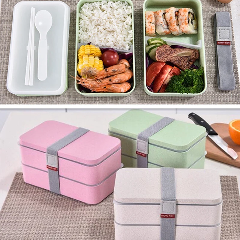1200Ml Wheat Straw Double Layers Lunch Box with Spoon Healthy Material Bento Boxes Microwave Food Storage Container Lunchbox