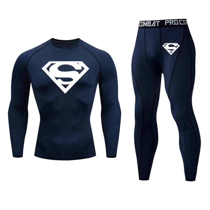 Мужское термобелье с суперменом, кальсоны, зимнее термобелье, базовый слой, Мужские Спортивные Компрессионные рубашки с длинным рукавом